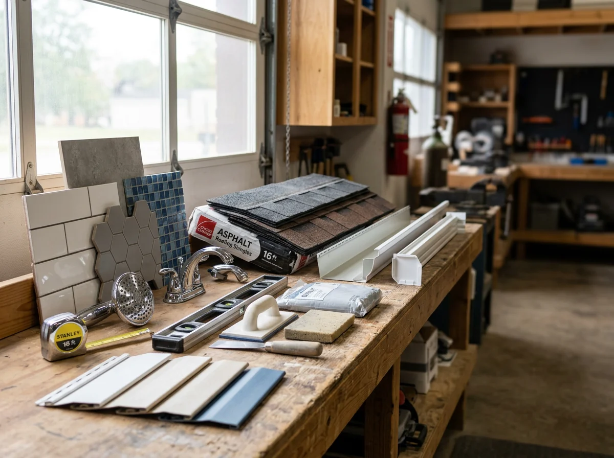 Professional home improvement tools and materials arranged on a work surface, representing bathroom and roofing services.