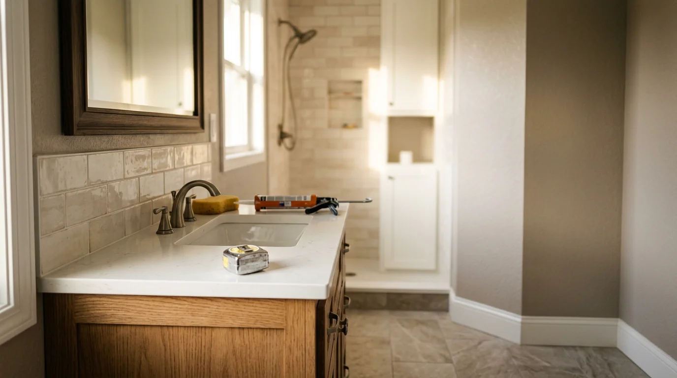 Modern bathroom with new vanity, tile, and lighting fixtures