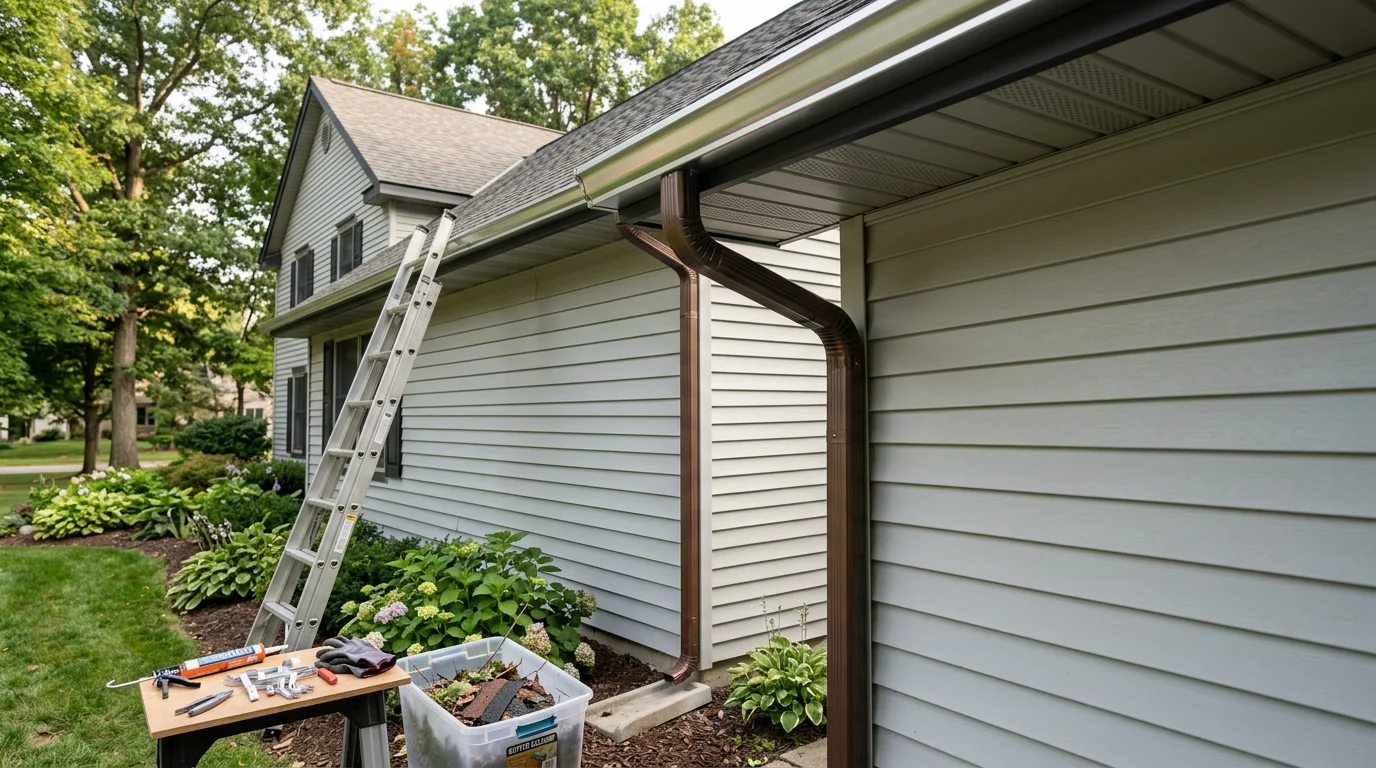 Seamless gutters installed along residential roofline