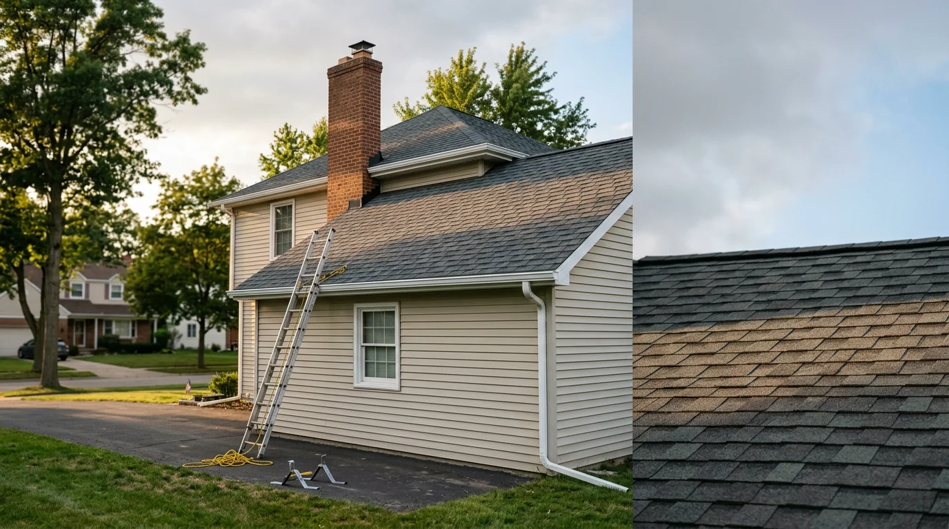 Residential roof with new shingles and gutters