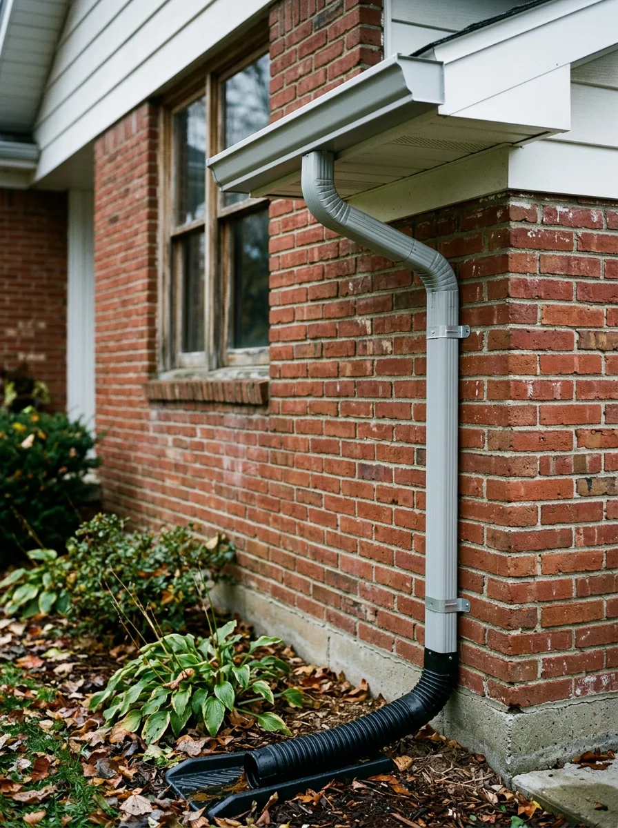 Close-up of a newly installed seamless gutter on a postwar brick home in Flint Township, Michigan, with downspout extensions directing water away from the foundation.