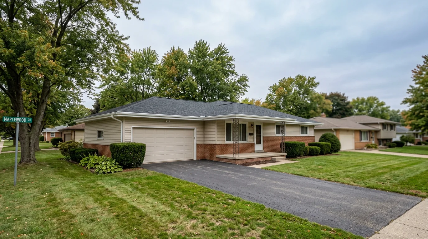 A 1960s ranch-style home in Genesee County, Michigan, with a new asphalt shingle roof installed over replaced fascia boards and fresh vinyl siding on the front elevation.