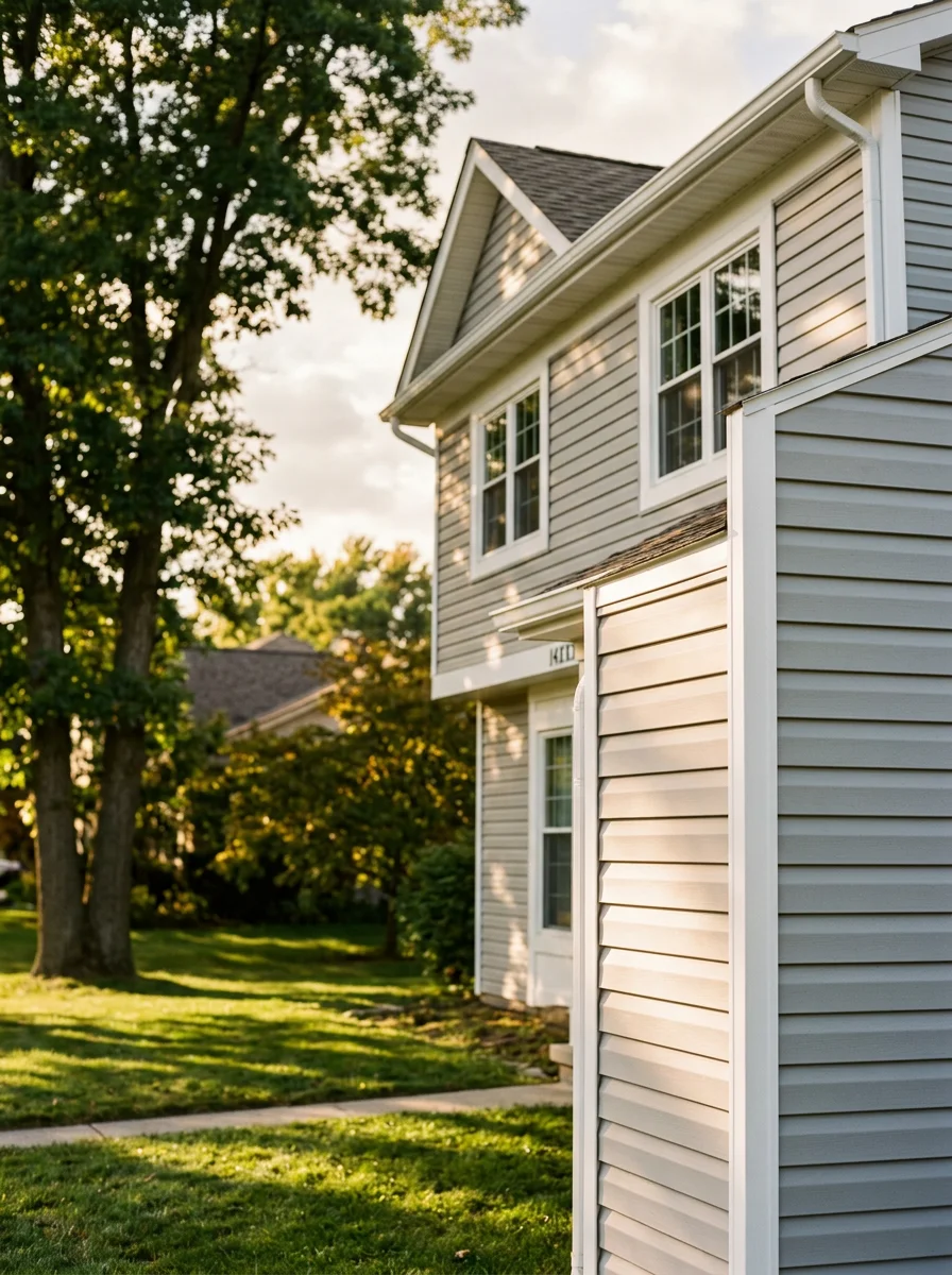 New vinyl siding installation on a colonial-style home in Shelby Township, Michigan, showing fresh panel alignment and corner trim against a mature tree-lined lot.