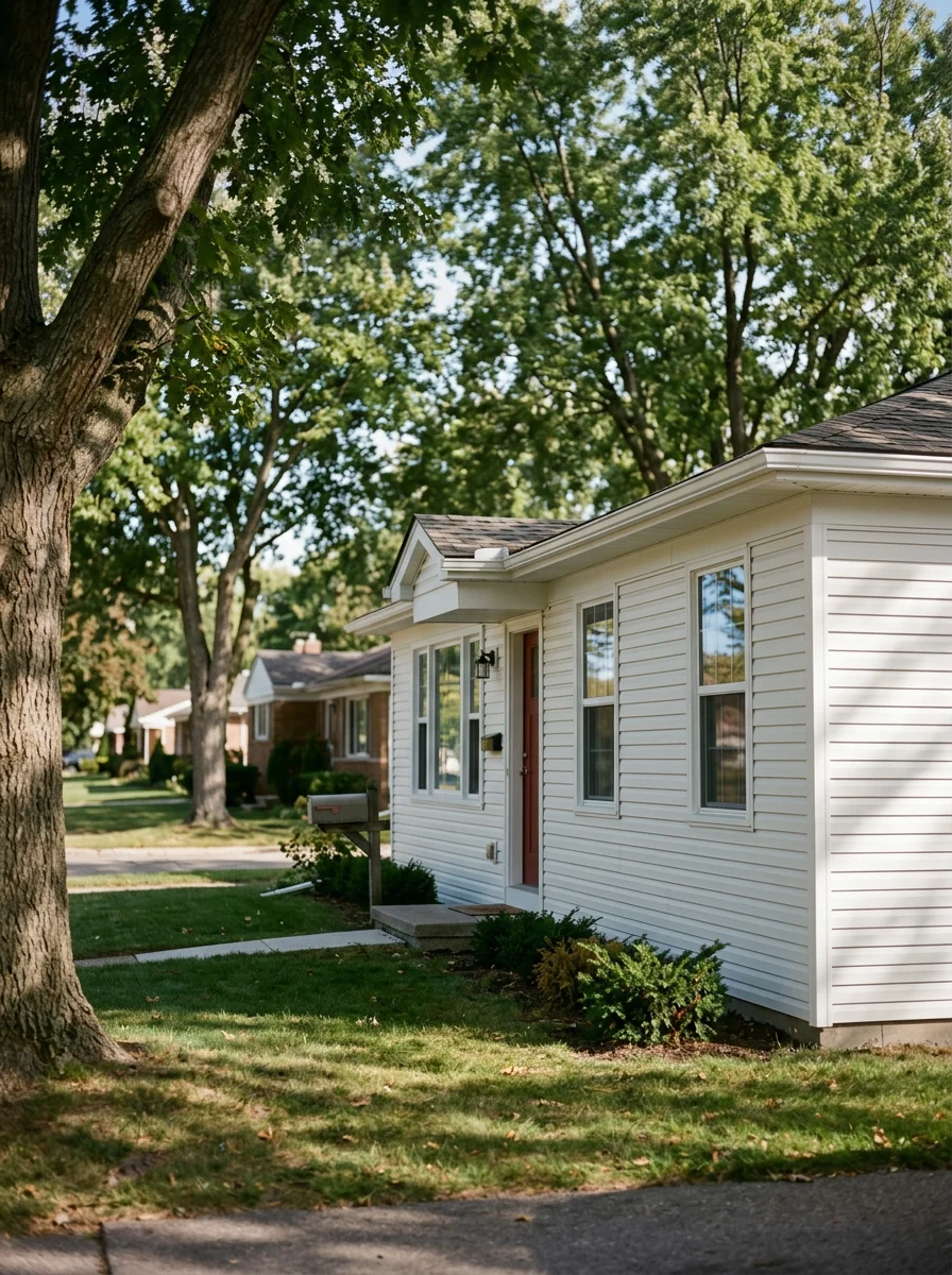 New siding installation on a mid-century ranch home in Royal Oak, Michigan, with fresh vinyl panels and white corner trim replacing original aluminum siding on a tree-lined residential street.