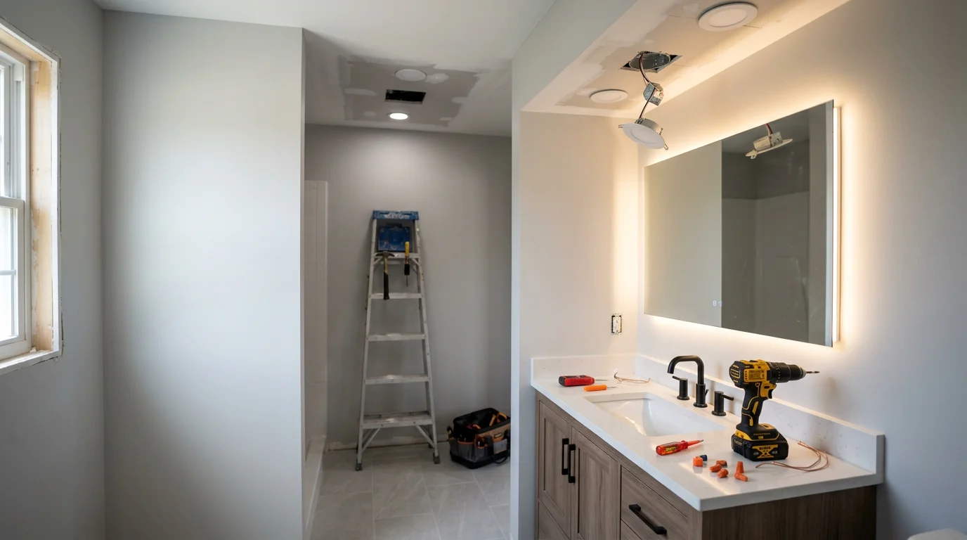 Newly installed vanity and recessed ceiling lighting in a remodeled bathroom in Genesee County, Michigan. The fixtures illuminate the mirror and countertop area evenly, showing the finished result of a Pinnacle Home Improvements lighting installation.