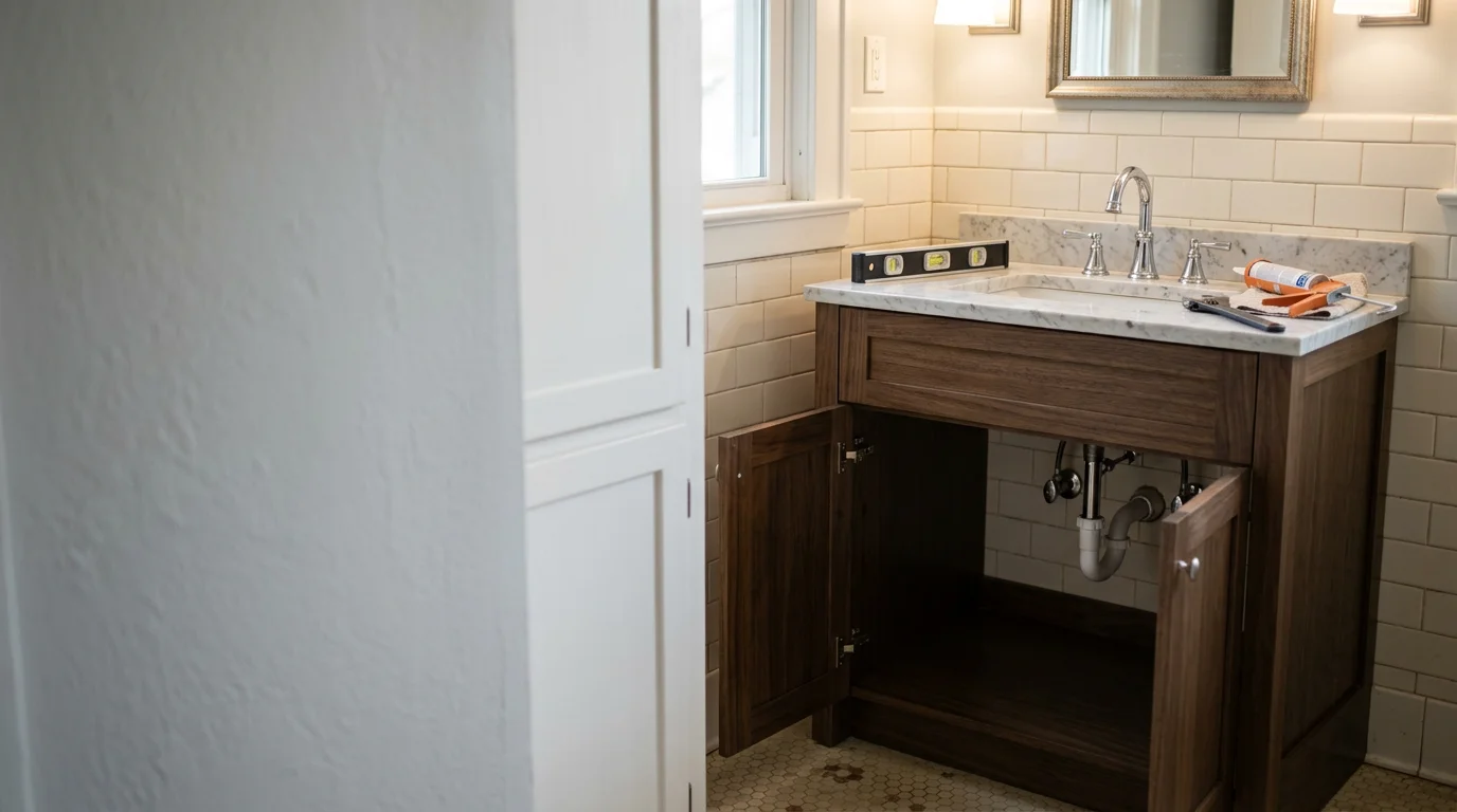 A newly installed bathroom vanity with a clean sink and cabinet in a Genesee County, Michigan home. The vanity fits flush against the wall with finished plumbing connections visible beneath the sink.