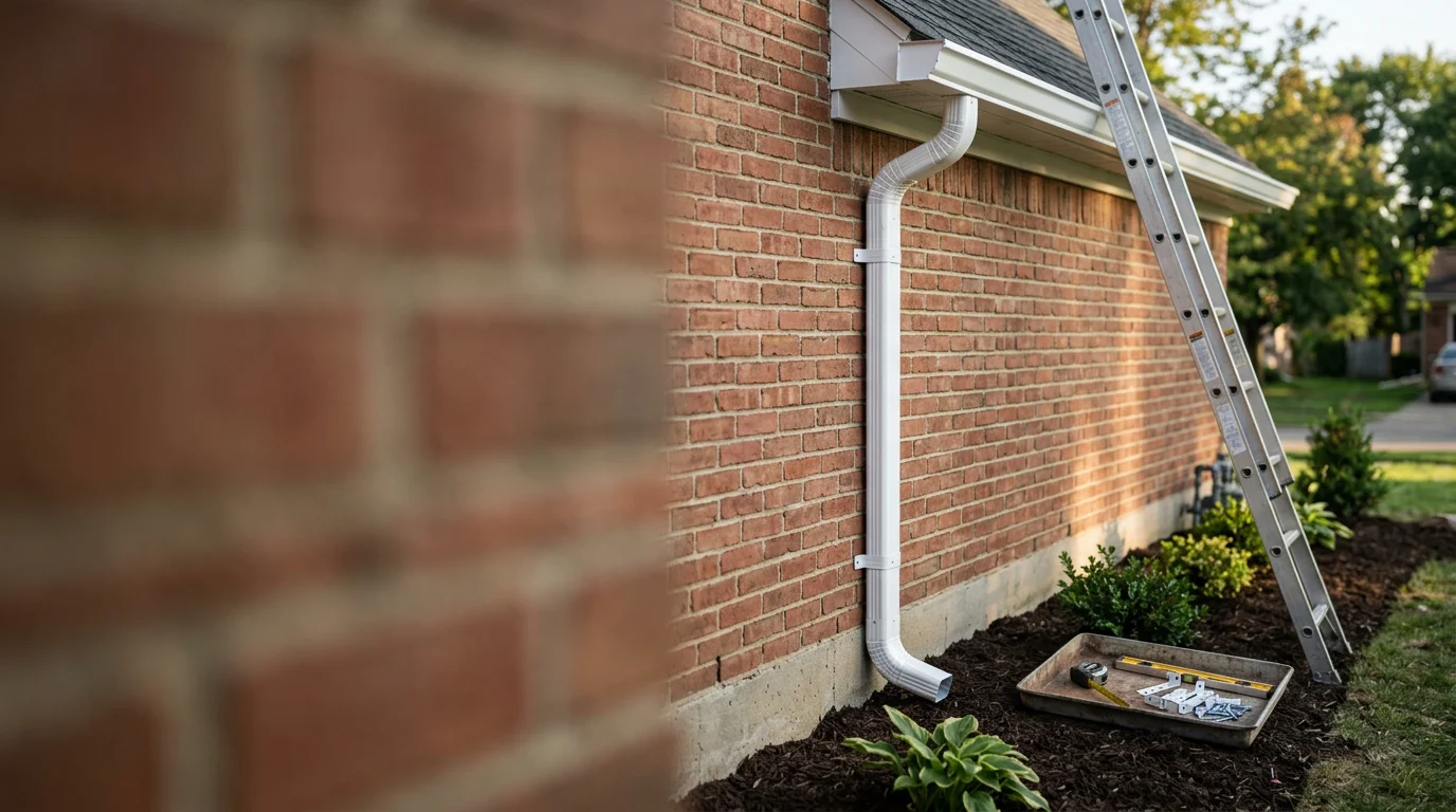 A newly installed downspout on the exterior corner of a residential home in Genesee County, Michigan, directing roof runoff away from the foundation toward a graded lawn area. The downspout is secured flush against the siding with visible wall brackets and terminates at ground level with a discharge extension.