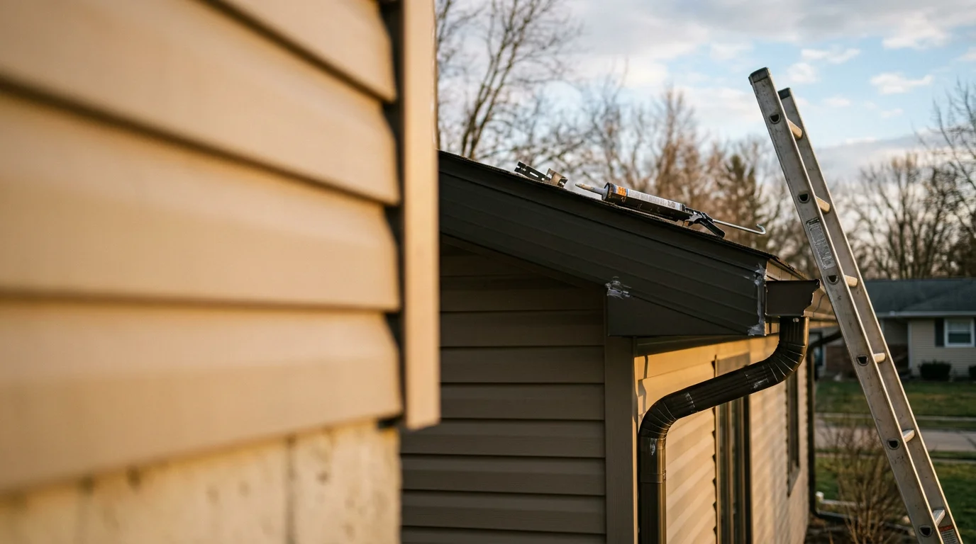 Freshly installed gutters running along the roofline of a residential home in Genesee County, Michigan. The system shows clean corners and downspouts positioned to direct water away from the home's foundation.