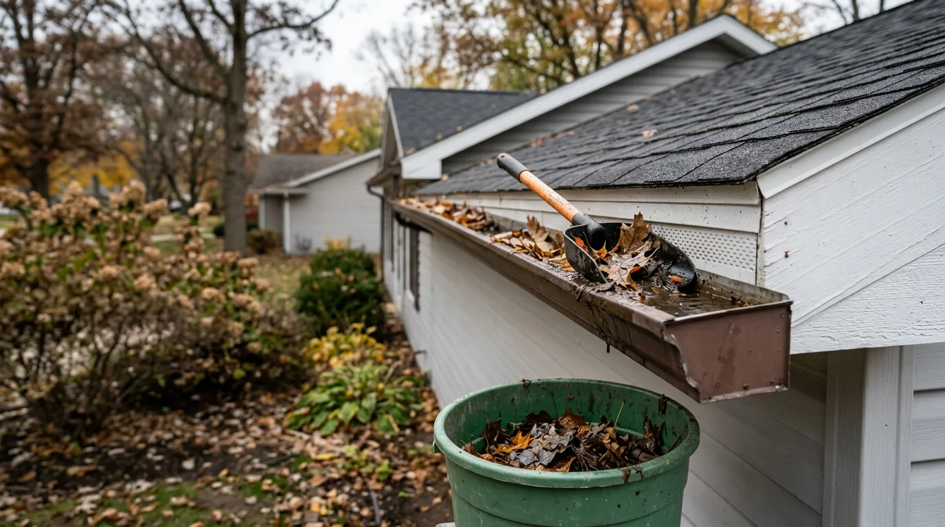 A Pinnacle Home Improvements crew member clearing leaf and debris buildup from gutters on a residential home in Genesee County, Michigan. The downspout is visible and the surrounding yard shows mature deciduous trees common to the area.