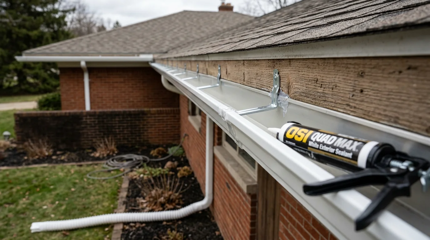 A gutter repair technician re-securing a sagging aluminum gutter section on a ranch-style home in Genesee County, Michigan. The repaired gutter runs cleanly along the roofline with no visible gaps or separation from the fascia.