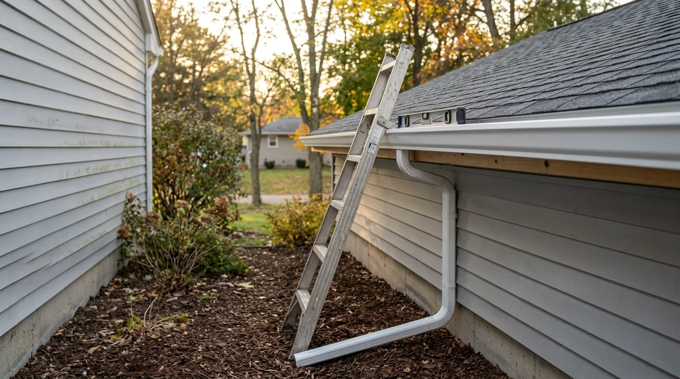 A Pinnacle Home Improvements crew removing old damaged gutters from a residential home in Genesee County, Michigan, with new sections staged for installation along the roofline.