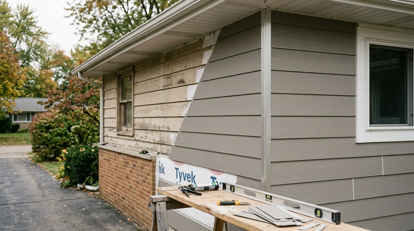 A residential home in Genesee County, Michigan with freshly installed exterior siding and clean trim work visible along the front and side walls. The updated exterior shows tight panel seams and consistent color across the full facade.