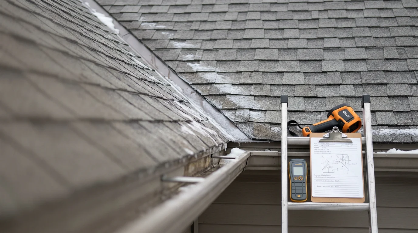 A roofing contractor inspecting shingles and flashing on a residential home in Genesee County, Michigan. Close-up view of the roof surface showing areas being evaluated for storm damage and wear.