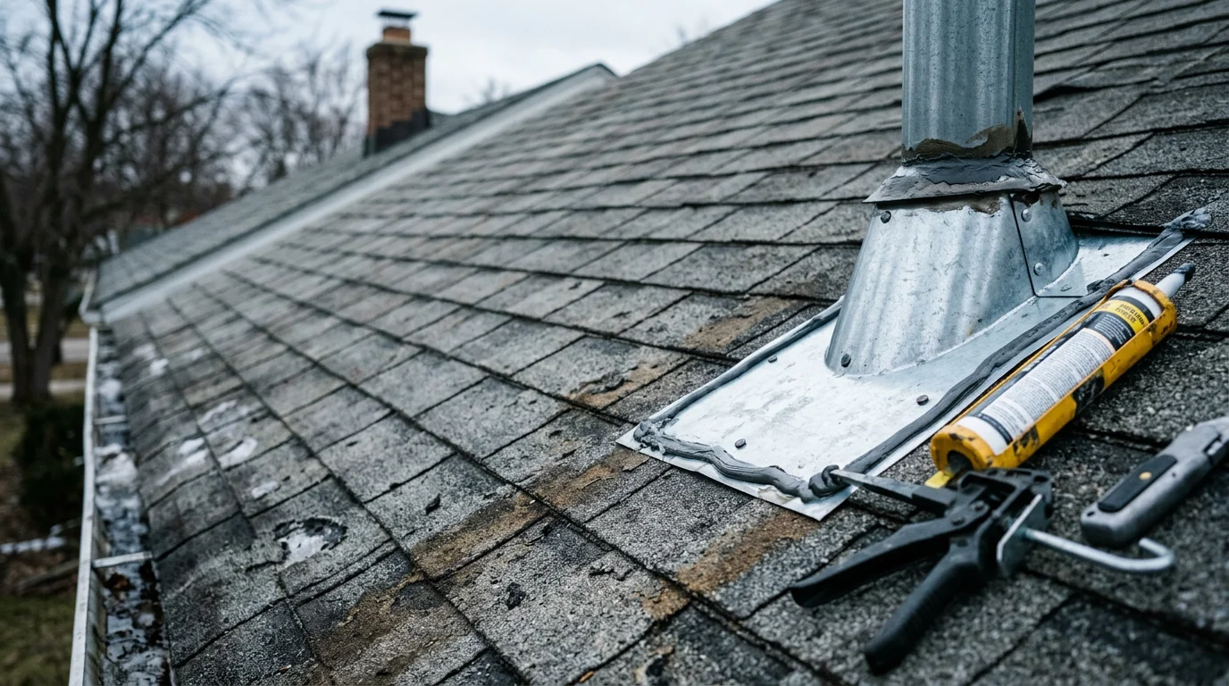 A Pinnacle Home Improvements roofer repairing damaged flashing around a chimney on a residential home in Genesee County, Michigan. Close-up view shows worn shingles and water-stained decking being addressed on a steep-slope roof.