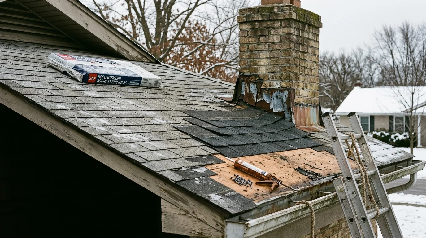 A residential roof in Genesee County, Michigan showing repaired shingles and sealed flashing along a chimney edge. The surrounding neighborhood reflects the area's mid-century single-family home construction.