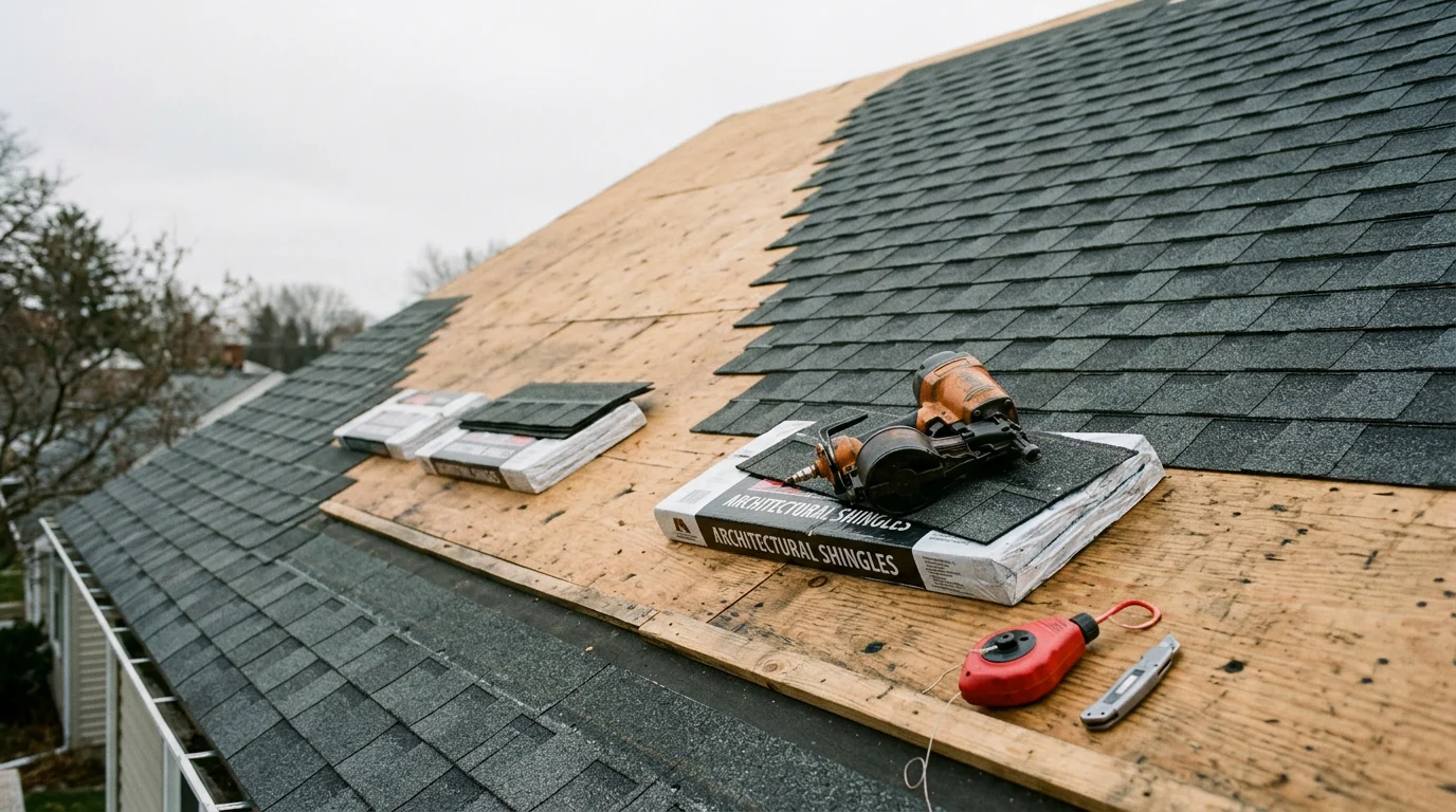 A newly completed roof replacement on a residential home in Genesee County, Michigan, showing fresh shingles installed across the full roof surface. The surrounding yard is clear of debris following the tear-off and installation.