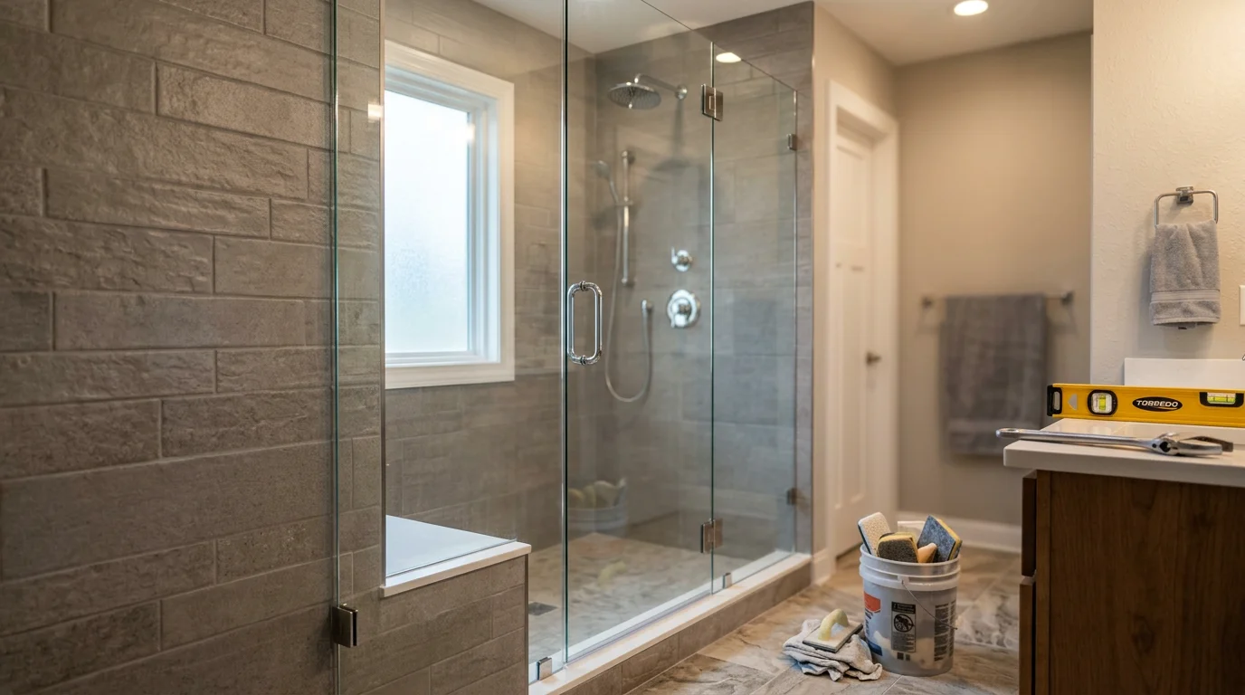 A newly installed walk-in shower in a Genesee County home, featuring a clean surround, updated fixtures, and a low-threshold entry. The finished bathroom reflects the kind of transformation Pinnacle Home Improvements delivers for Michigan homeowners.