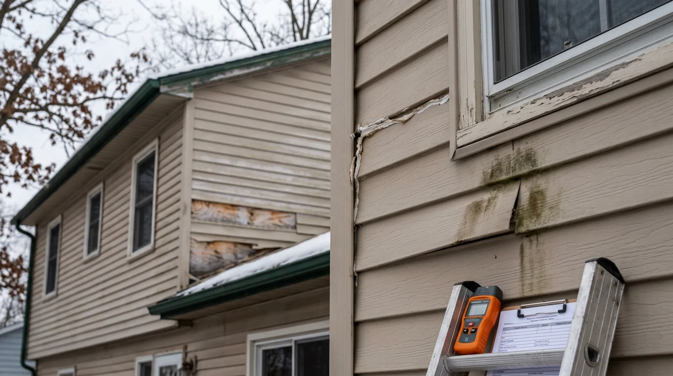 A siding contractor inspecting the exterior panels and trim of a residential home in Genesee County, Michigan. Close-up view showing seam and flashing condition along the home's facade.
