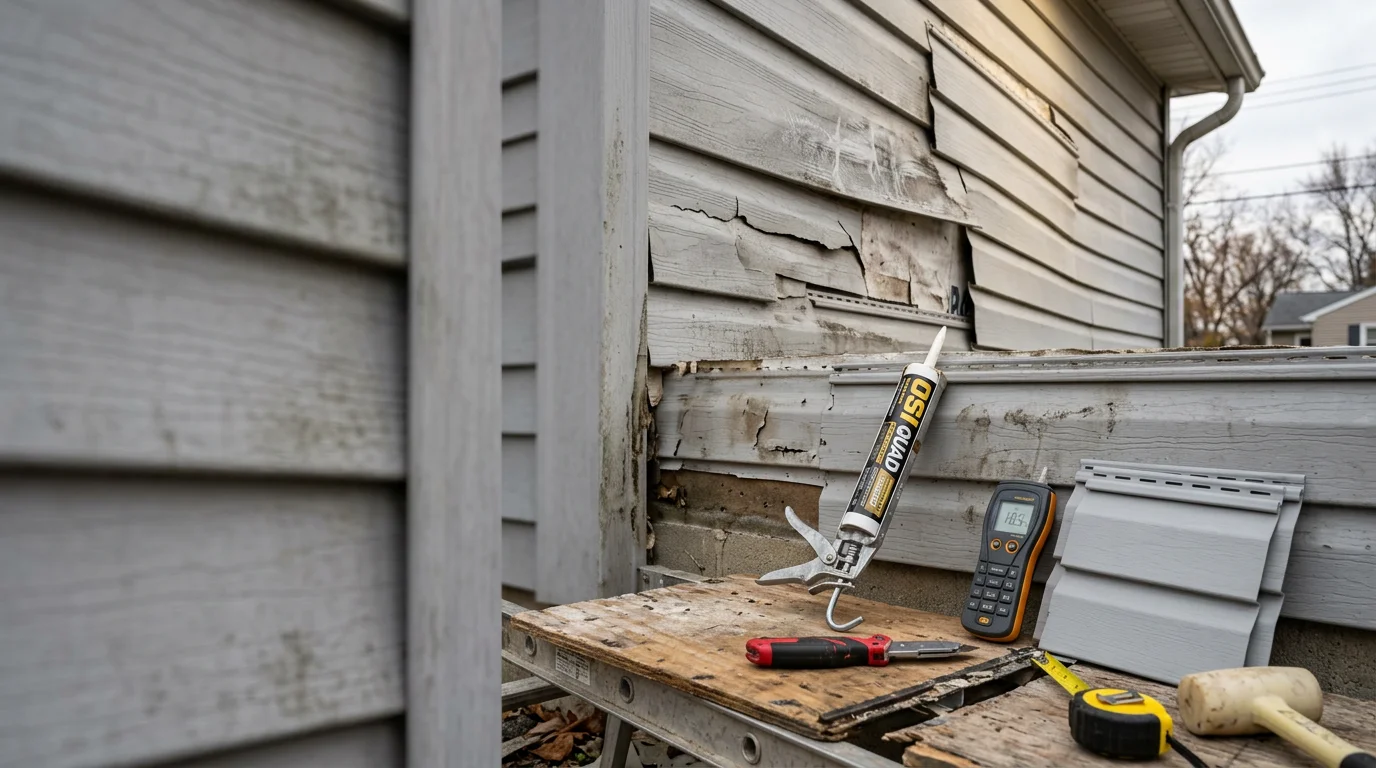 A Genesee County home exterior showing repaired siding panels with no visible cracks or gaps. The finished wall surface is flush and weather-tight against a typical Michigan residential backdrop.