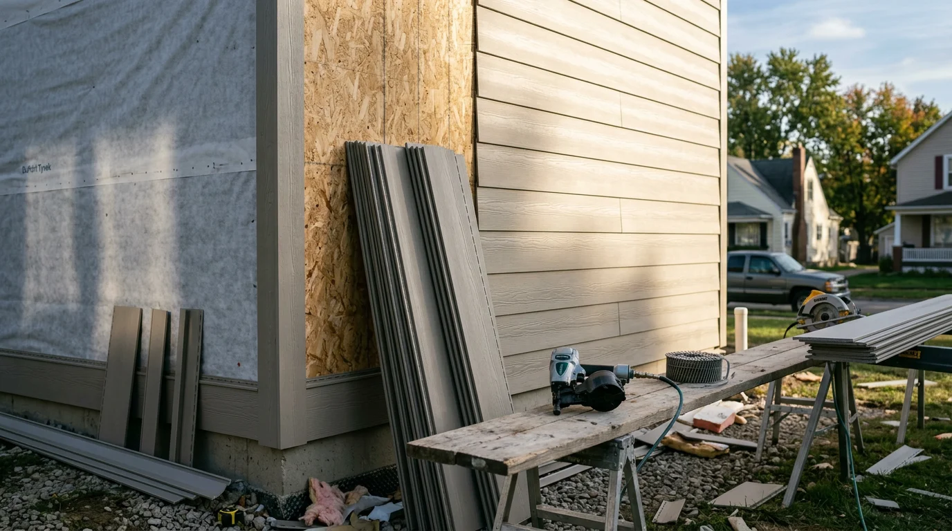 A Genesee County home with newly replaced exterior siding, showing a clean and uniform finish across all visible walls. The old worn material has been removed and fresh siding covers the full exterior in a residential Michigan neighborhood.