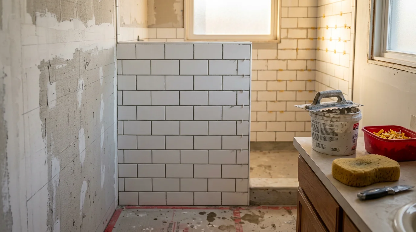 Freshly installed ceramic floor and wall tile in a Genesee County bathroom, showing clean grout lines and a tub surround after a full tile replacement. The bathroom features a white tile layout in a compact alcove common to older Michigan homes.